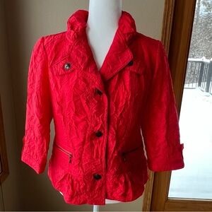 Chico's Crinkle Jacket Women’s S (0) Sheen 3/4 Sleeve Red Orange Daiquiri Artsy